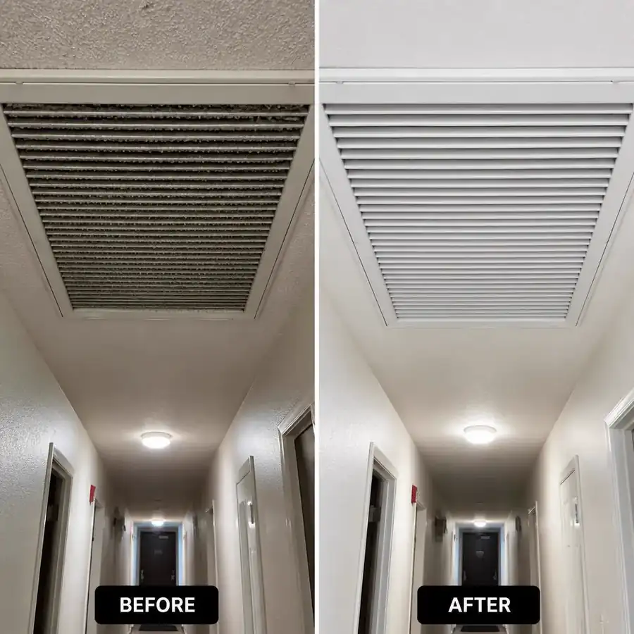 Multi-Unit / Apartment Ductwork before and after — Corridor return air system, 32-unit building, Atlanta, GA