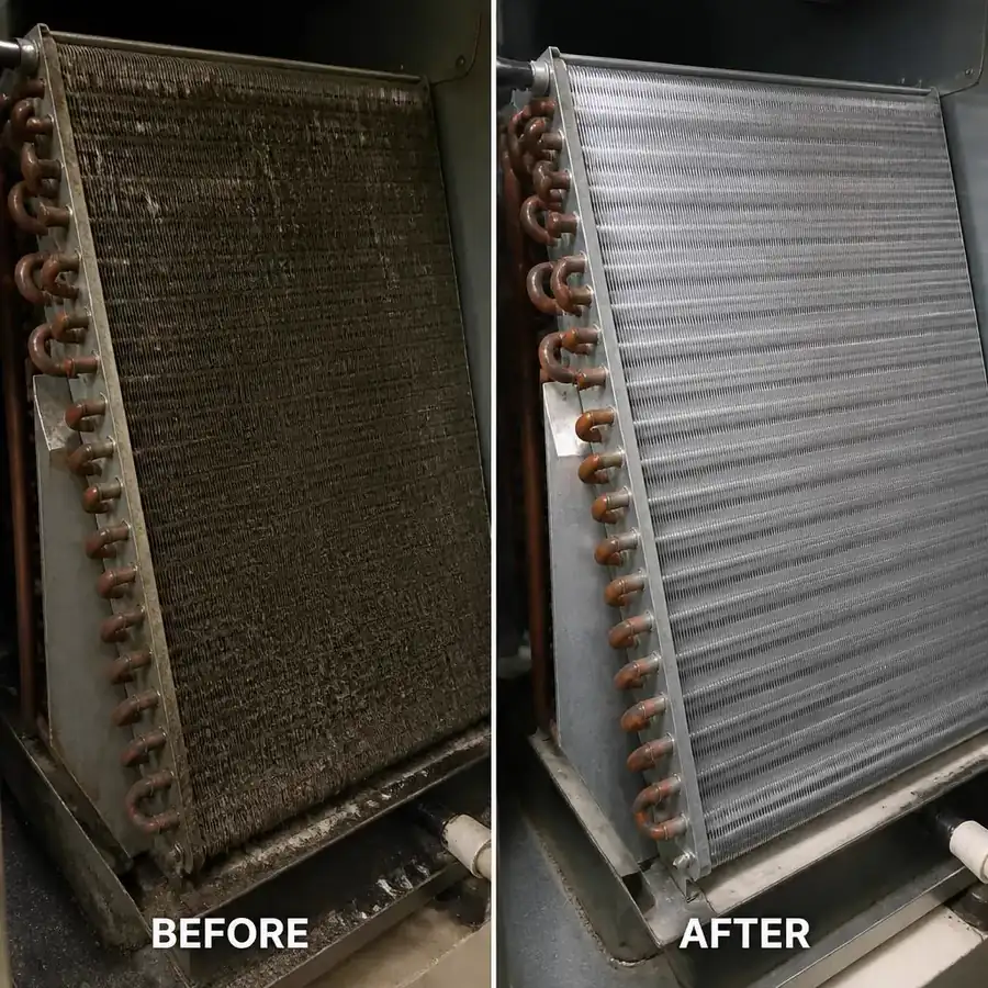 AC Coil Cleaning before and after — Evaporator coil before and after deep clean, Phoenix, AZ