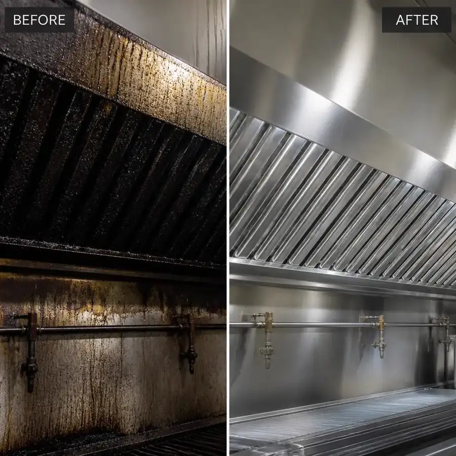 Kitchen Exhaust / Hood Cleaning before and after — Restaurant hood degreased to bare metal, Baltimore, MD